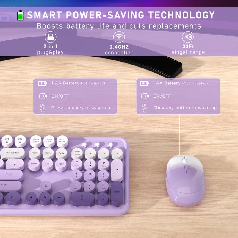 Links9+ Wireless Keyboard and Mouse, Full-Size Retro Typewriter Keyboard with Round Keycaps, 2.4GHz for Windows, Mac, Laptop, PC, Desktop (Purple Gradient) - Image 3