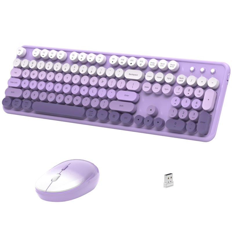 Links9+ Wireless Keyboard and Mouse, Full-Size Retro Typewriter Keyboard with Round Keycaps, 2.4GHz for Windows, Mac, Laptop, PC, Desktop (Purple Gradient) - Image 1