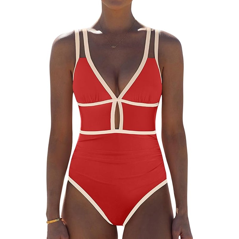 popvil Women One Piece Swimsuit 2026 Tummy Control Sexy Cutout Neon Color Block Bathing Suit Slimming Adjustable Swimwear - Image 1