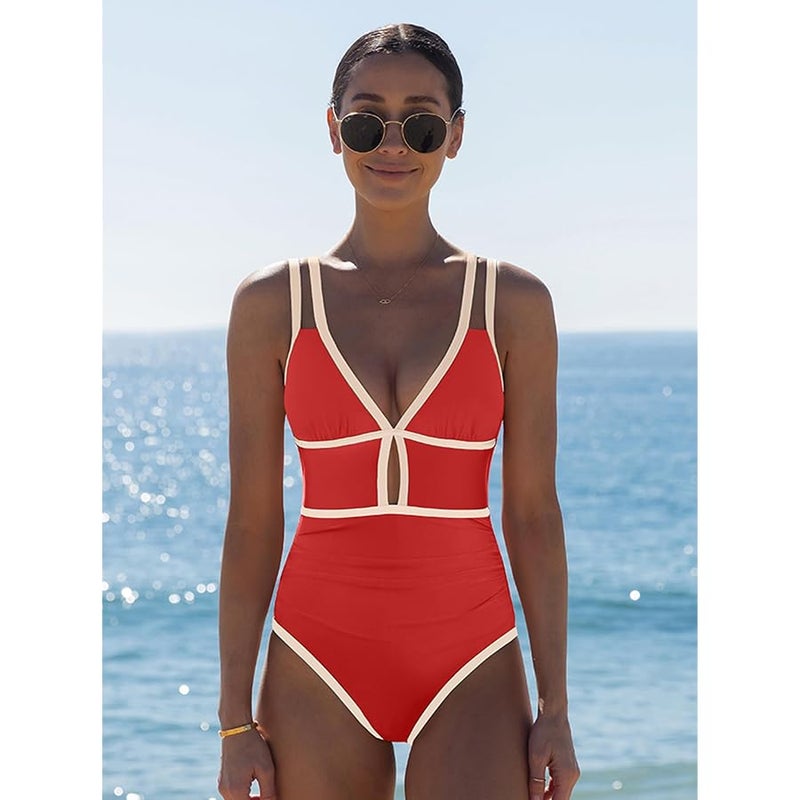 popvil Women One Piece Swimsuit 2026 Tummy Control Sexy Cutout Neon Color Block Bathing Suit Slimming Adjustable Swimwear - Image 5