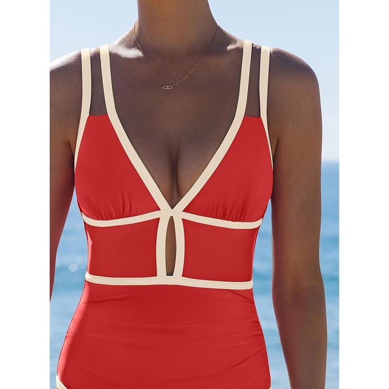 popvil Women One Piece Swimsuit 2026 Tummy Control Sexy Cutout Neon Color Block Bathing Suit Slimming Adjustable Swimwear - Image 4