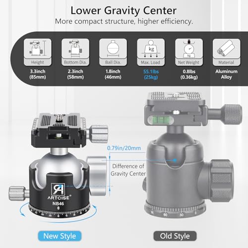 ARTCISE Tripod Ball Head Low Profile Tripod Head All Metal Camera Tripod Head 44lbs/20kg Load with Three Arca Swiss Quick Release Plate for Tripod, Monopod, DSLR, Camera - Image 3