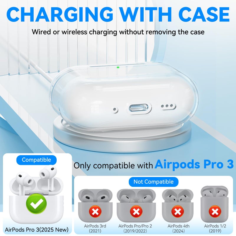 joremx for Airpods Pro 3 Case (2025), Joremx Shockproof Clear Cover, Soft TPU Highly Transparent Anti-Yellowing for AirPods Pro 3rd Generation Case with Cleaning Kit & Round Buckle & Lanyard (Clear) - Image 4