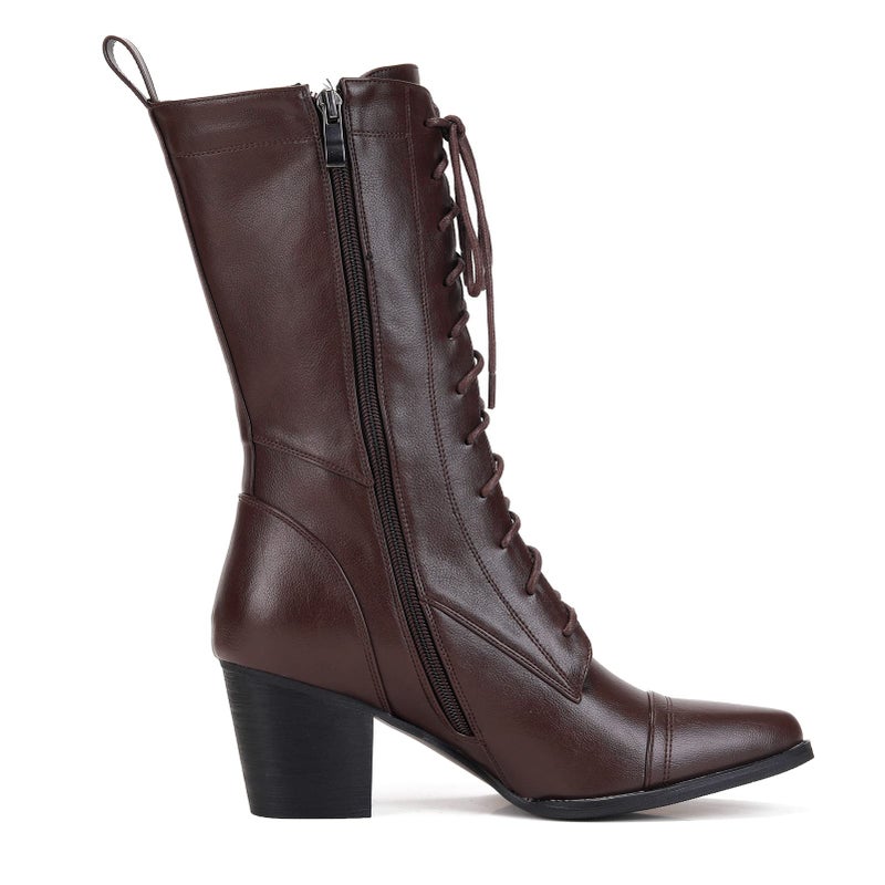 UTIKLIOU Lace-up Combat Boots Mid-calf Military Winter Boot for Women Side Zipper (Brown size 8) - Image 3