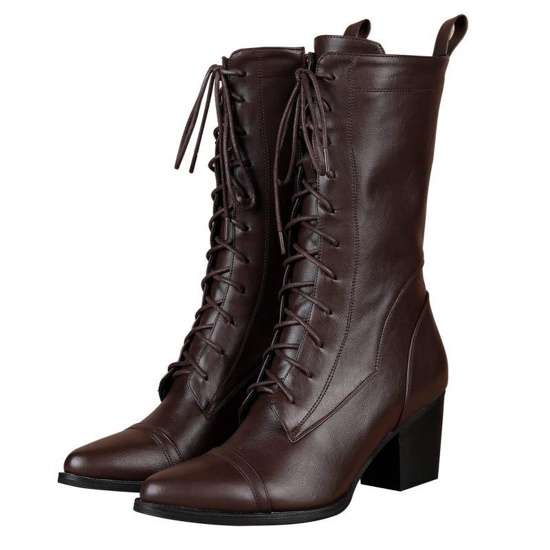 UTIKLIOU Lace-up Combat Boots Mid-calf Military Winter Boot for Women Side Zipper (Brown size 8) - Image 5