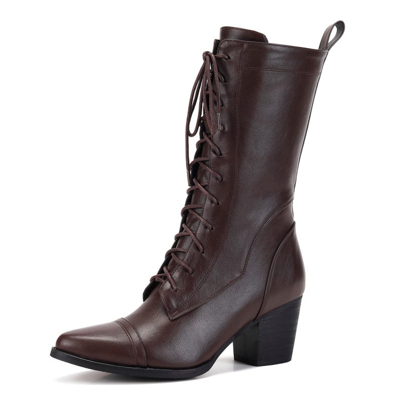 UTIKLIOU Lace-up Combat Boots Mid-calf Military Winter Boot for Women Side Zipper (Brown size 8) - Image 1