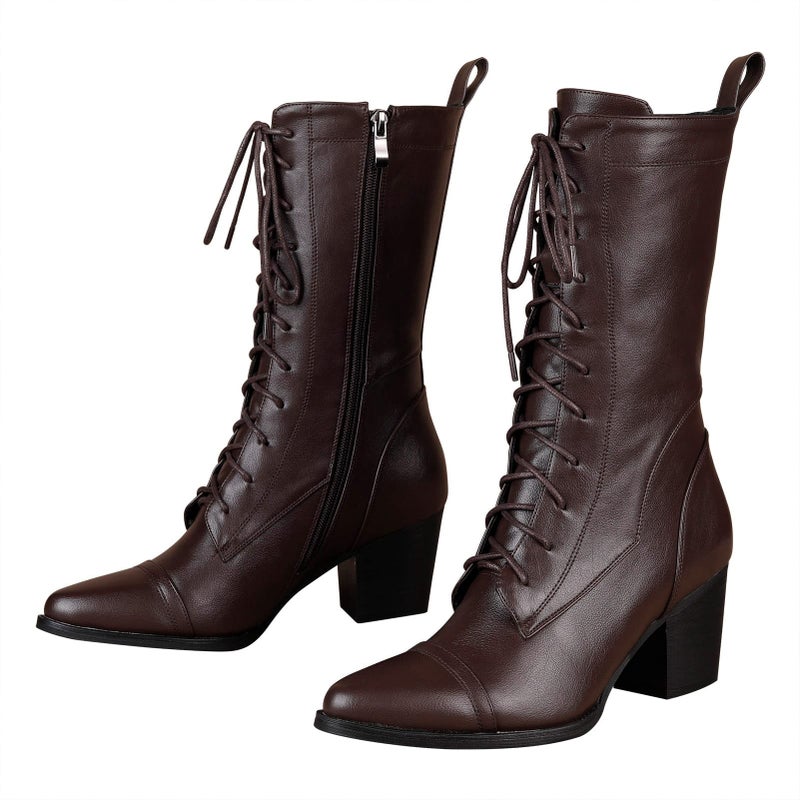 UTIKLIOU Lace-up Combat Boots Mid-calf Military Winter Boot for Women Side Zipper (Brown size 8) - Image 4