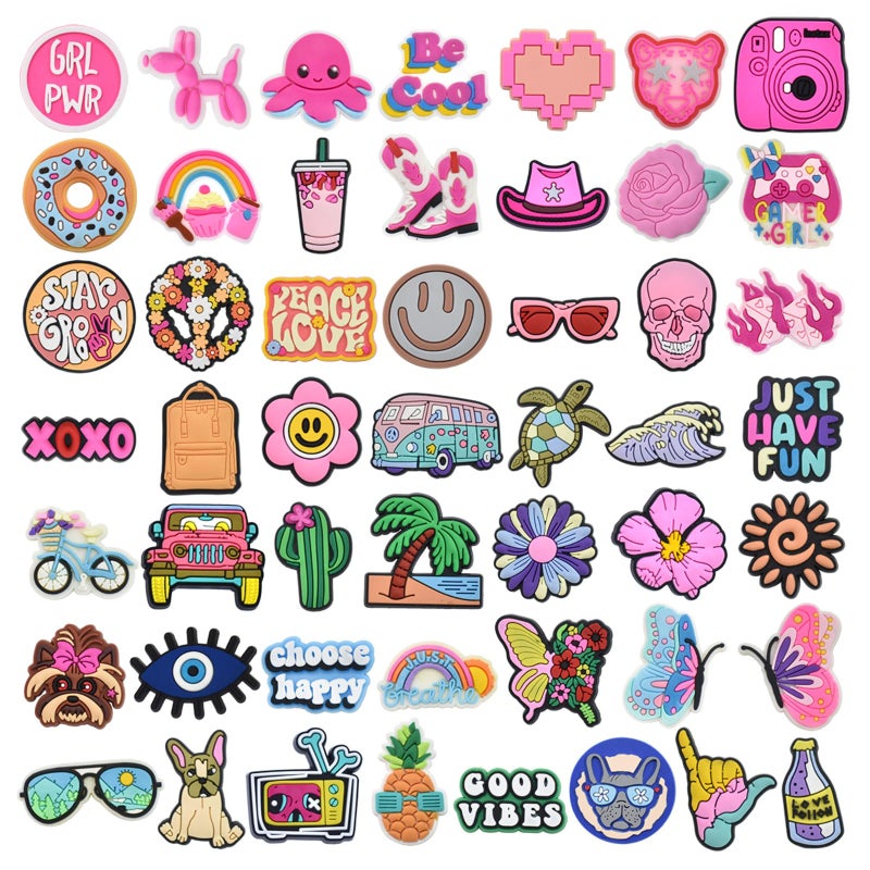 LVBIYDU 50 Pcs Different Shoe Charms for Clog Shoe Decoration, Cute Preppy Hippie Charms for Girls Boys Teens Adults, Pink Charm for Shoes Accessories Bracelet Wristband Party Favors - Image 1