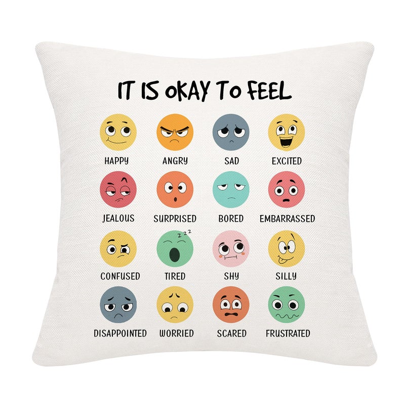 Inspirational Quote It is Okay to Feel Emotion Feelings Cushion Cover 18x18 Inch for Teens Kids Mental Health Themed Decor for Home Playroom School Psychology Therapist OfficeIT IS OKAY TO FEEL