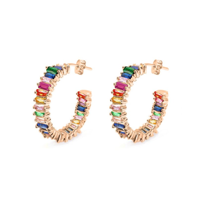 Savlano 14K Gold Plated Cubic Zirconia Multicolor Rainbow Round Hoop Stud Earrings for Women Comes with a Gift Box - Image 3