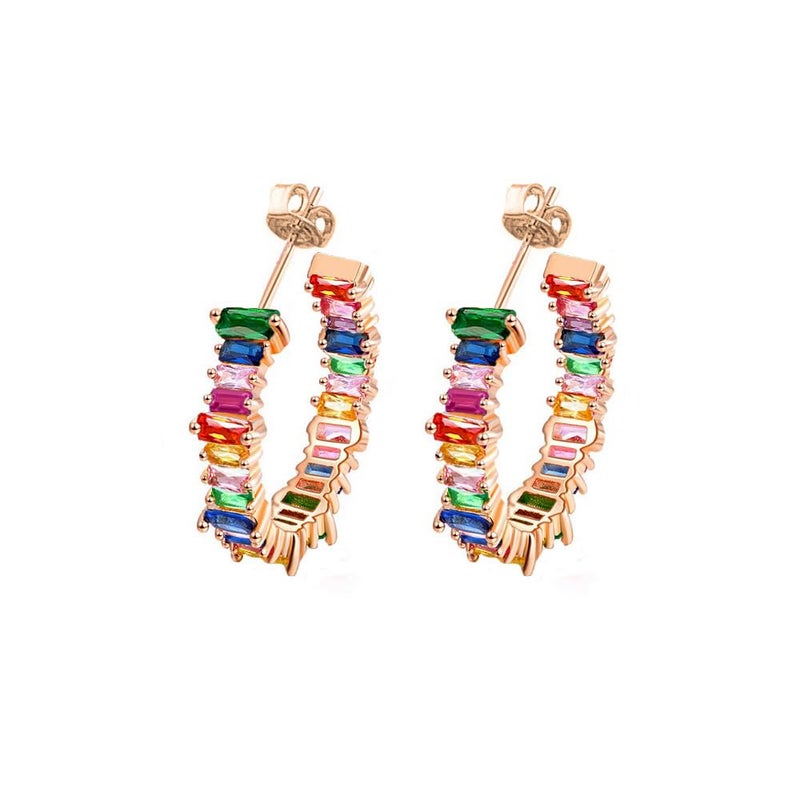 Savlano 14K Gold Plated Cubic Zirconia Multicolor Rainbow Round Hoop Stud Earrings for Women Comes with a Gift Box - Image 1