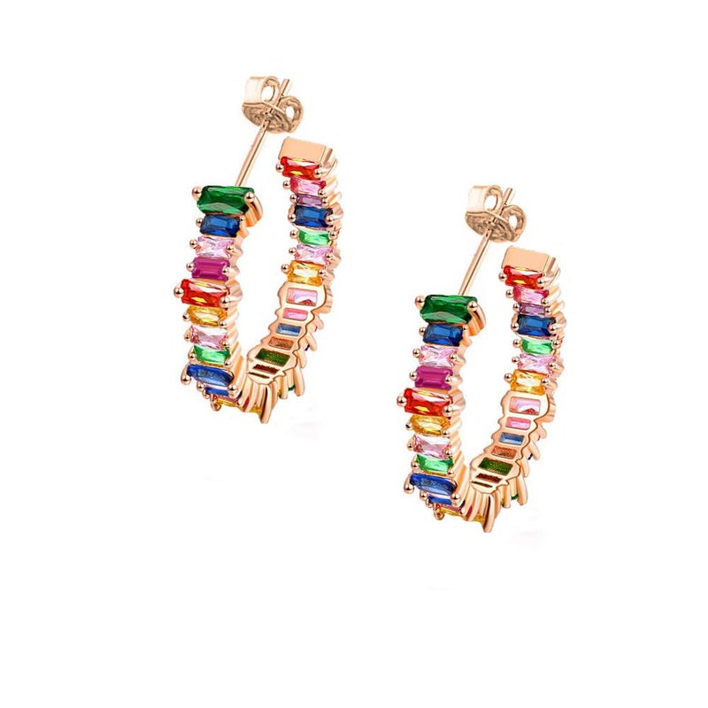 Savlano 14K Gold Plated Cubic Zirconia Multicolor Rainbow Round Hoop Stud Earrings for Women Comes with a Gift Box - Image 2