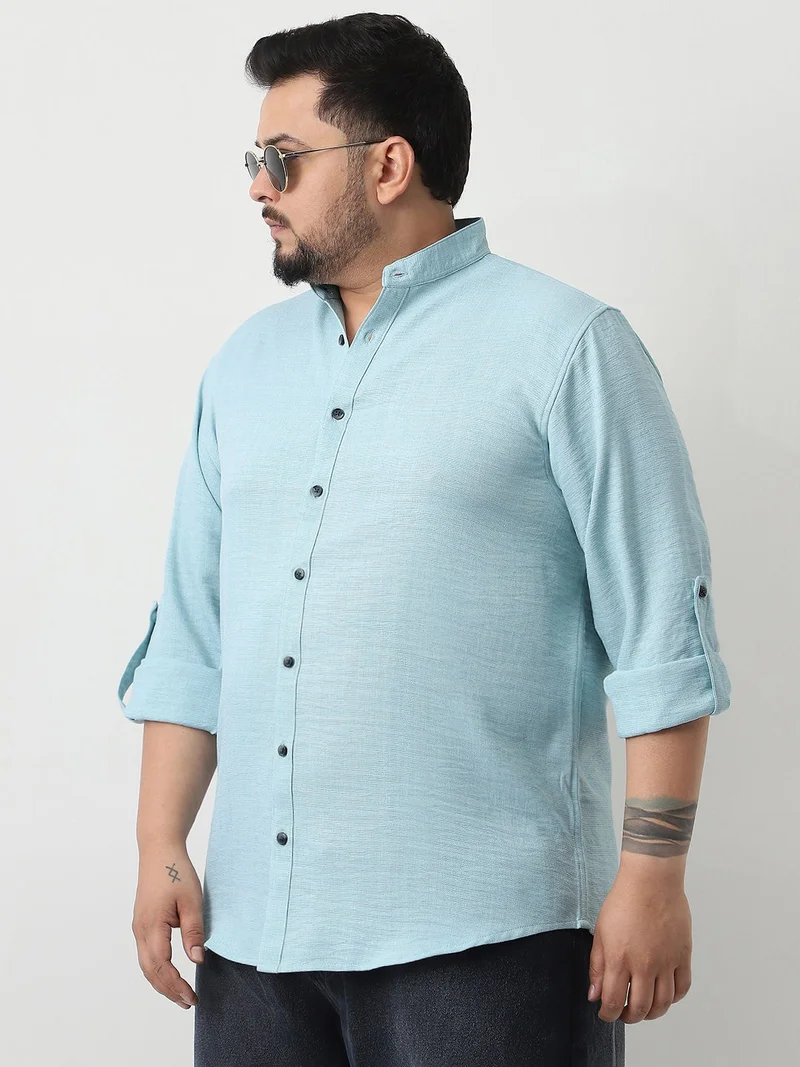 Urbano Fashion  Urbano Plus Men's Light Blue Linen Blend Full Sleeve Relaxed Fit Mandarin Collar Casual Solid Shirt  | Best Price UAE