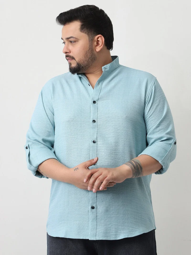 Urbano Plus Men's Light Blue Linen Blend Full Sleeve Relaxed Fit Mandarin Collar Casual Solid Shirt