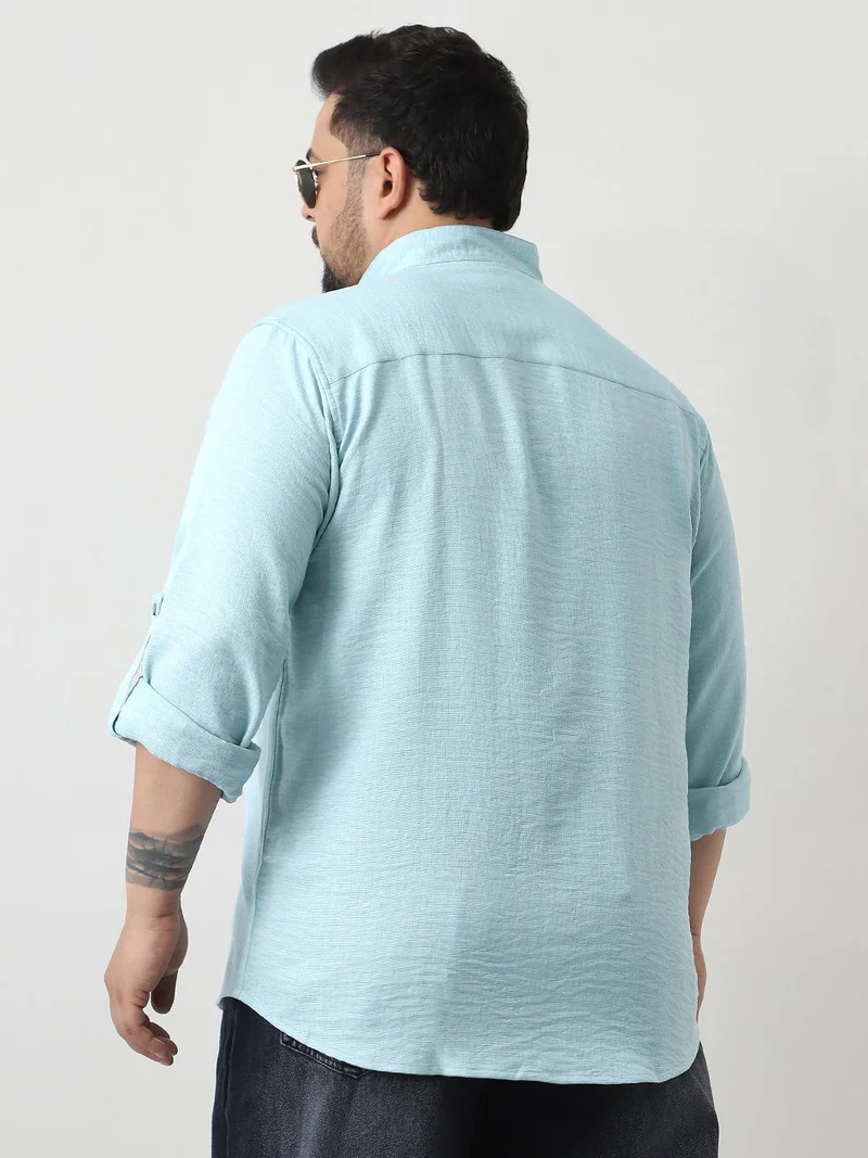 Urbano Fashion  Urbano Plus Men's Light Blue Linen Blend Full Sleeve Relaxed Fit Mandarin Collar Casual Solid Shirt  | Best Price UAE