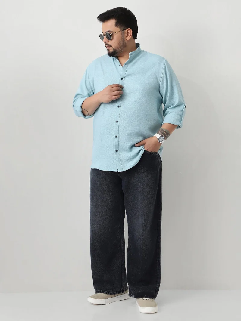 Urbano Fashion  Urbano Plus Men's Light Blue Linen Blend Full Sleeve Relaxed Fit Mandarin Collar Casual Solid Shirt  | Best Price UAE