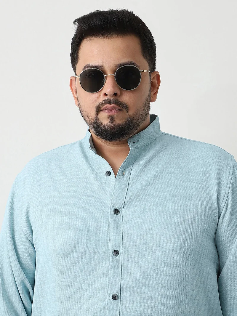 Urbano Fashion  Urbano Plus Men's Light Blue Linen Blend Full Sleeve Relaxed Fit Mandarin Collar Casual Solid Shirt  | Best Price UAE