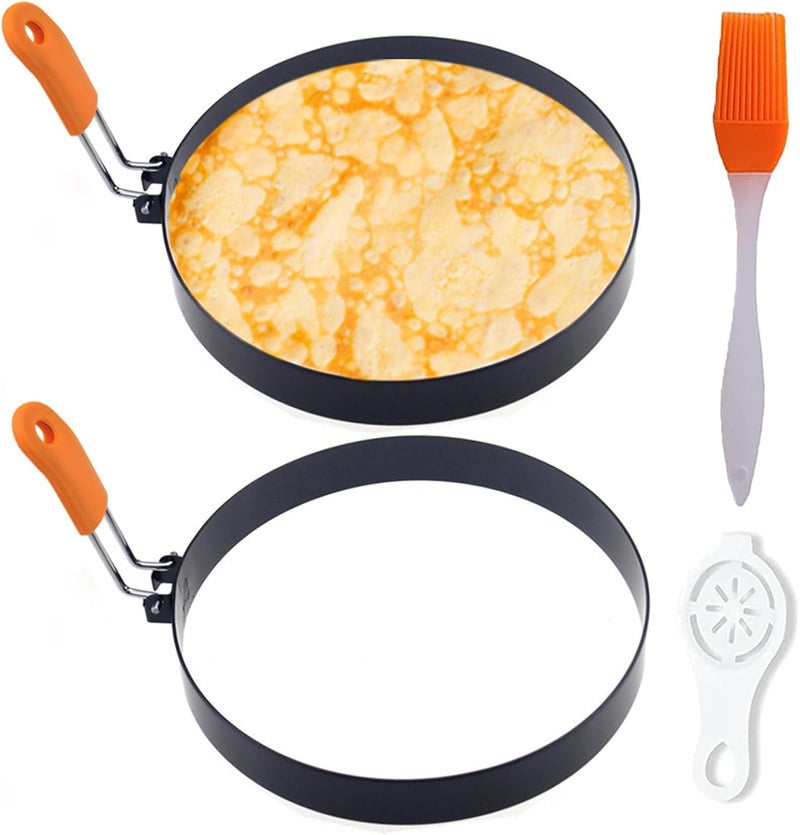 WOWITIS Pancake Ring for Griddle,2 Packs 6 Inch Omelette Ring for Griddle,6" Non-stick Stainless Steel Pancake Egg Ring Omelet Mold Pancake Maker Cake Creps with Silicone Handle - Image 1
