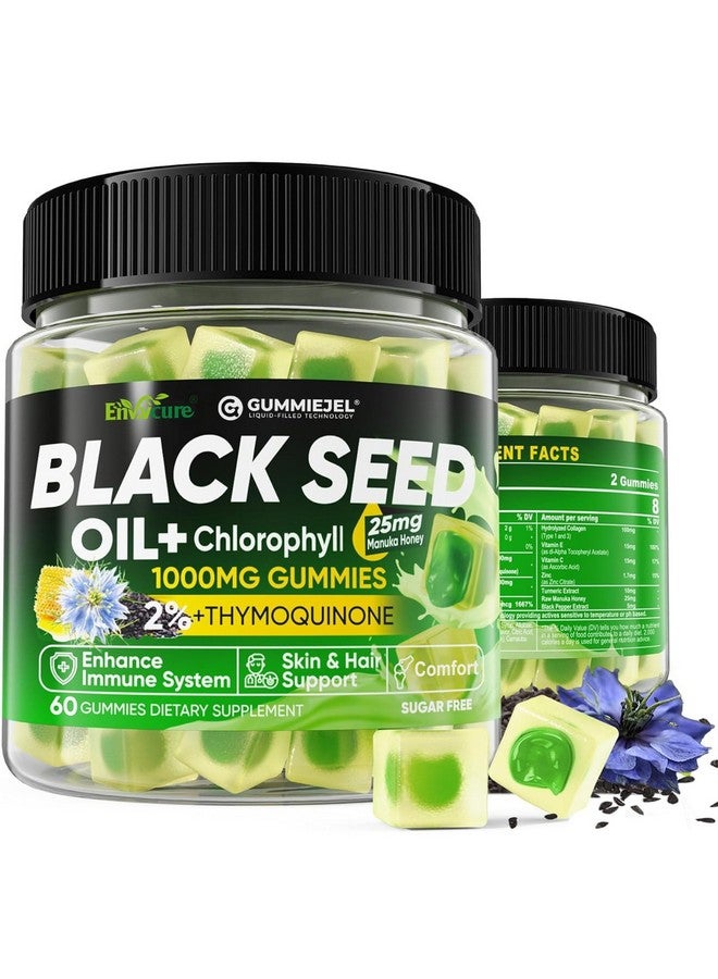EnvyCure Black Seed Oil Gummies & Chlorophyll, Biotin 500mcg with Hydrolyzed Collagen, Raw Manuka Honey, Organic Cold Pressed - Ultimate Absorption for Skin, Hair & Nails, Digestive, Overall Health, Sugar Free - Image 1