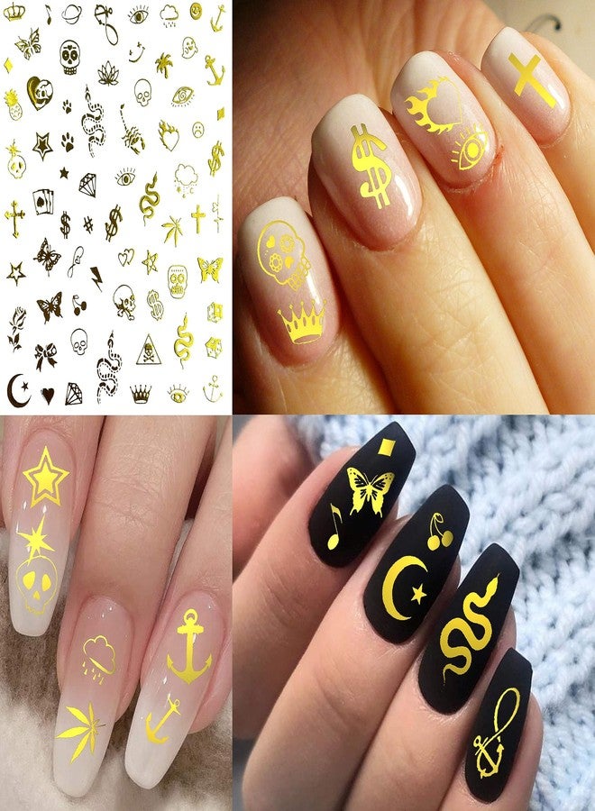 COKTAK 6 Sheets Flash Gold Nail Art Stickers Decals for Women Manicure, 3D Self-Adhesive Glitter Moon Star Metallic Nail Decals Stickers, Halloween Funny Golden Snake Lotus Flower Nail Decoration - Image 2