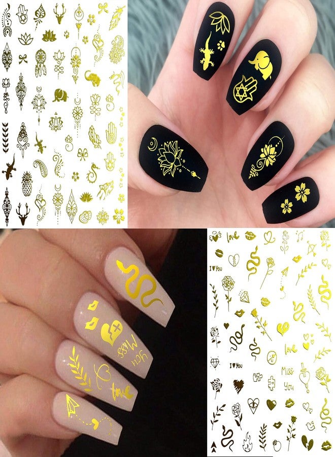 COKTAK 6 Sheets Flash Gold Nail Art Stickers Decals for Women Manicure, 3D Self-Adhesive Glitter Moon Star Metallic Nail Decals Stickers, Halloween Funny Golden Snake Lotus Flower Nail Decoration - Image 5