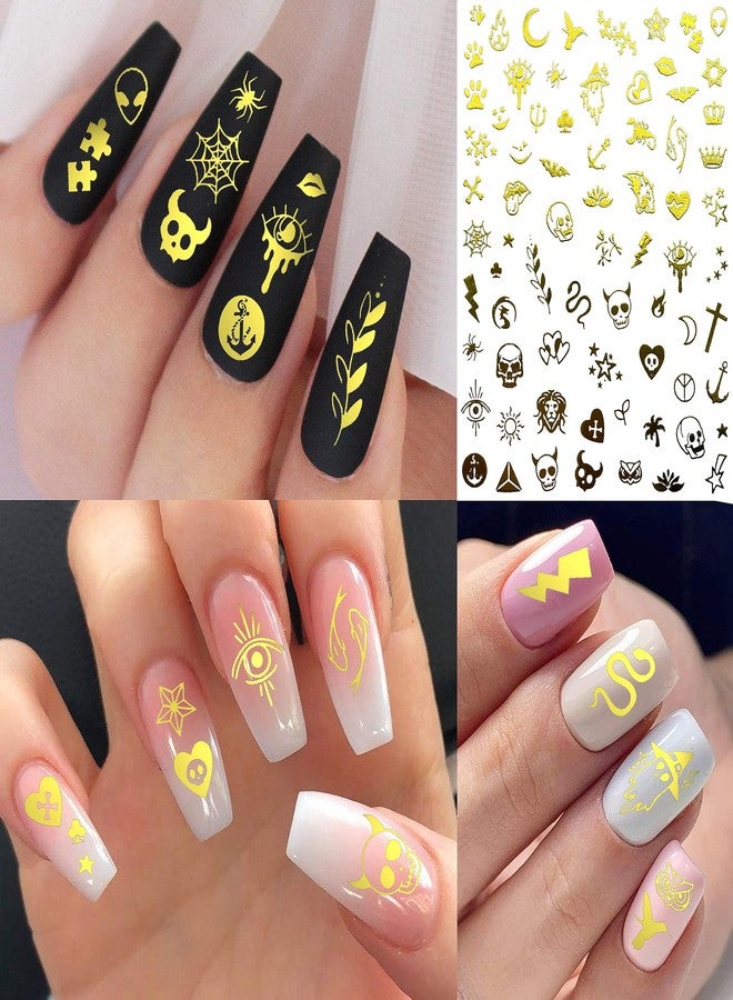 COKTAK 6 Sheets Flash Gold Nail Art Stickers Decals for Women Manicure, 3D Self-Adhesive Glitter Moon Star Metallic Nail Decals Stickers, Halloween Funny Golden Snake Lotus Flower Nail Decoration - Image 4