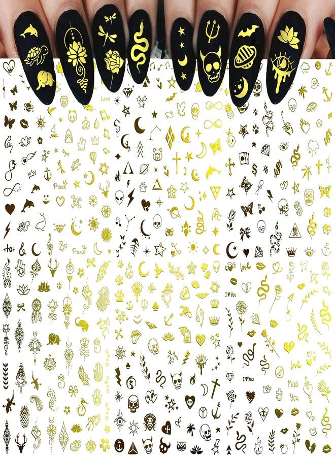 COKTAK 6 Sheets Flash Gold Nail Art Stickers Decals for Women Manicure, 3D Self-Adhesive Glitter Moon Star Metallic Nail Decals Stickers, Halloween Funny Golden Snake Lotus Flower Nail Decoration - Image 1