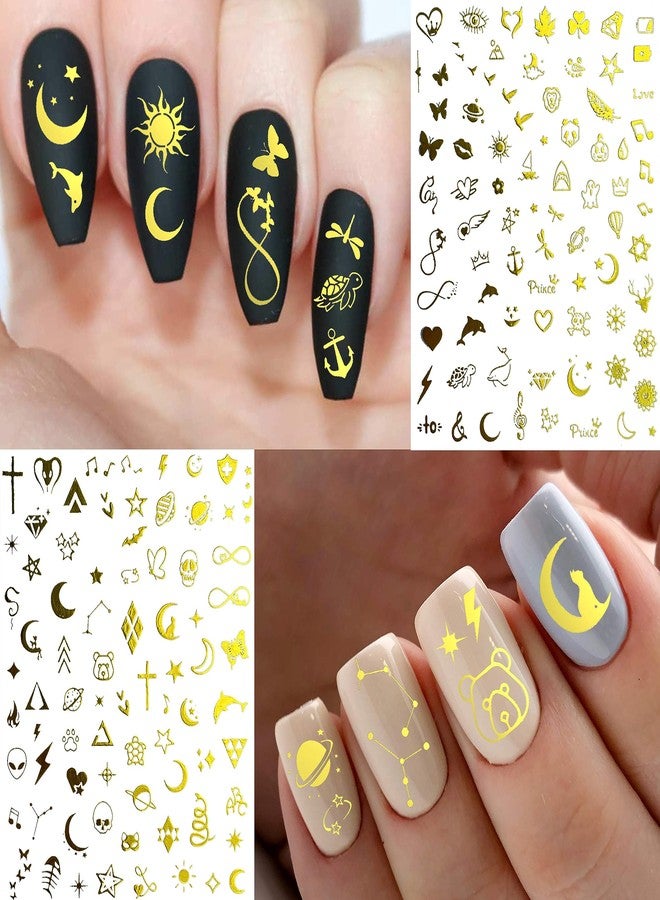 COKTAK 6 Sheets Flash Gold Nail Art Stickers Decals for Women Manicure, 3D Self-Adhesive Glitter Moon Star Metallic Nail Decals Stickers, Halloween Funny Golden Snake Lotus Flower Nail Decoration - Image 3