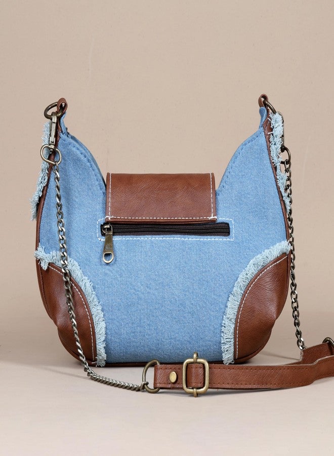 BHASTRA Stylish Foxy Fringe Classic Blue Denim Sling Bag | Trendy Crossbody Bag for Women | Durable Denim Fabric | Lightweight & Comfortable | Perfect for Travel & Shopping | 12.5 x 8 x 3 Inch - Image 4