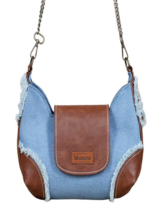 BHASTRA Stylish Foxy Fringe Classic Blue Denim Sling Bag | Trendy Crossbody Bag for Women | Durable Denim Fabric | Lightweight & Comfortable | Perfect for Travel & Shopping | 12.5 x 8 x 3 Inch - Image 1