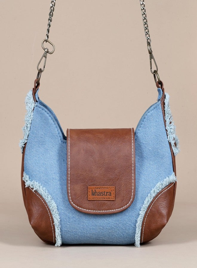 BHASTRA Stylish Foxy Fringe Classic Blue Denim Sling Bag | Trendy Crossbody Bag for Women | Durable Denim Fabric | Lightweight & Comfortable | Perfect for Travel & Shopping | 12.5 x 8 x 3 Inch - Image 2