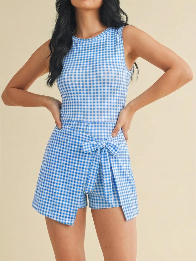 Wenrine Womens Summer Backless Mini Dress Gingham Wrap Tie Waist Romper Skort Built in Shorts Vacation Tank Sundress Blue - Image 2