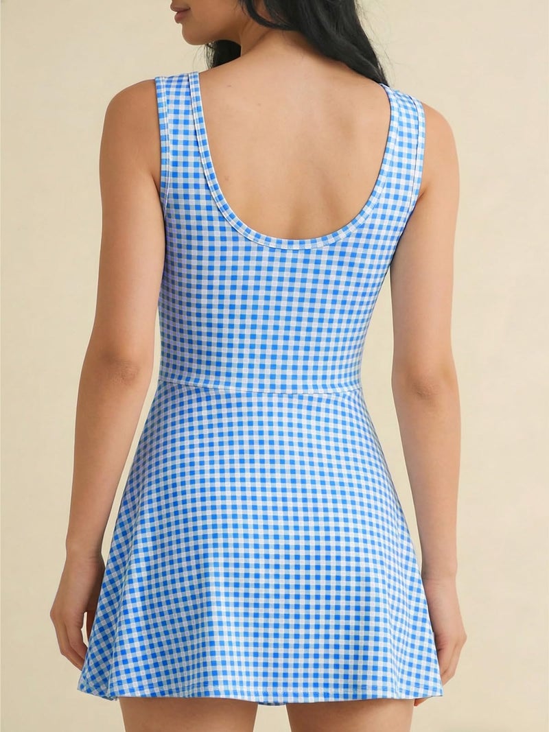 Wenrine Womens Summer Backless Mini Dress Gingham Wrap Tie Waist Romper Skort Built in Shorts Vacation Tank Sundress Blue - Image 4