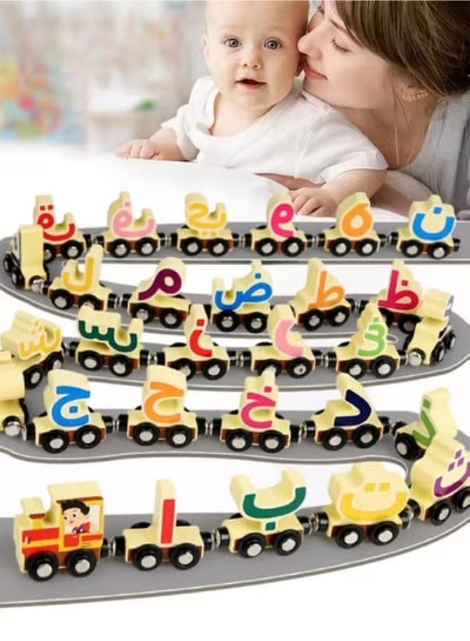 MIXDE Wooden Magnetic Train Toy, 29 PCS Alphabet Train Set for Toddlers, Educational Arabic Alphabet Learning Toy, Preschool Learning Gift for Boys and Girls - Image 2