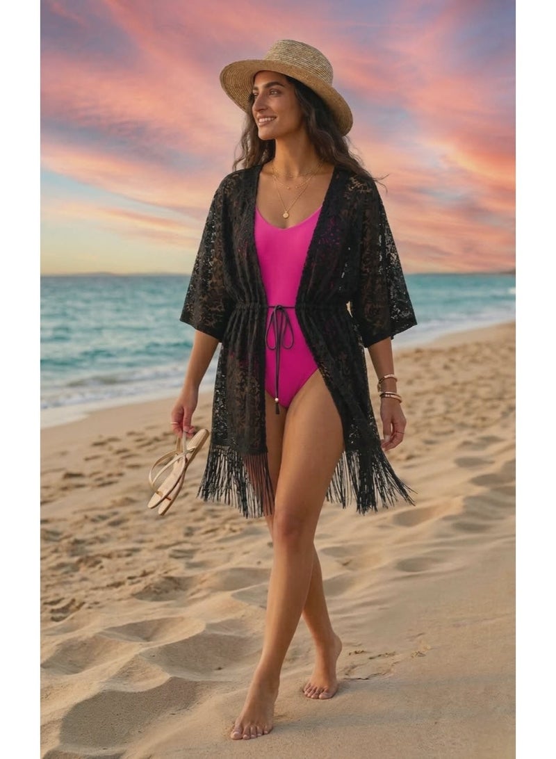 كاش مايوة من الشيفون/الدانتيل One Size لجميع المقاسات من XS الى 2XL متعدد الالوان والاشكال (كارديجن اسود) - Image 1