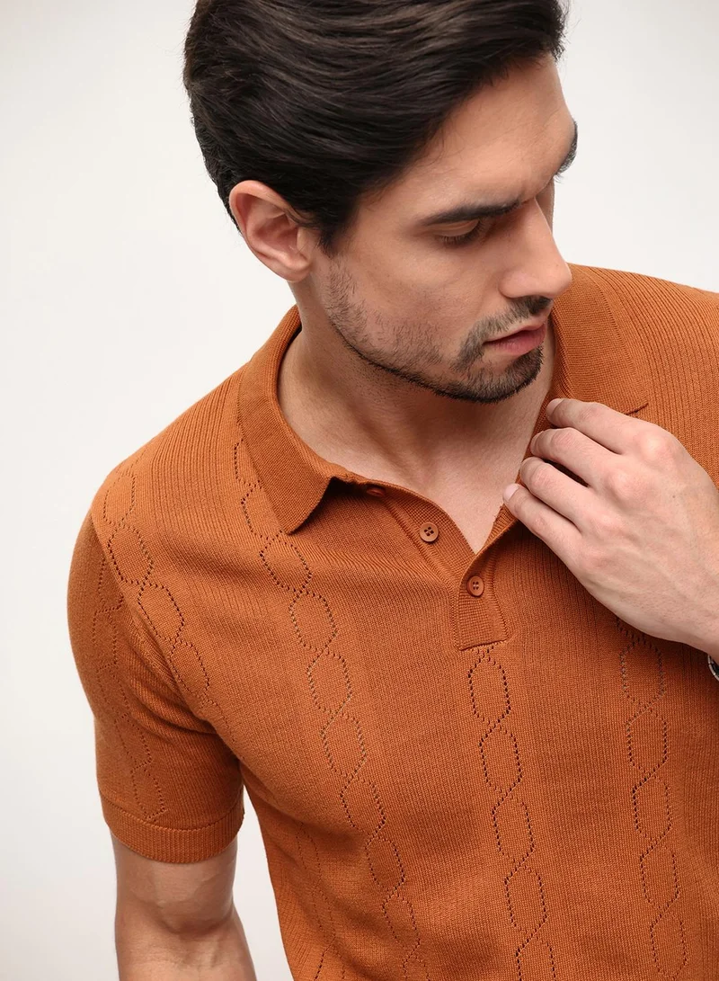 Dennis Lingo Rust 100% Cotton Textured Relaxed Polo T-Shirt For Men