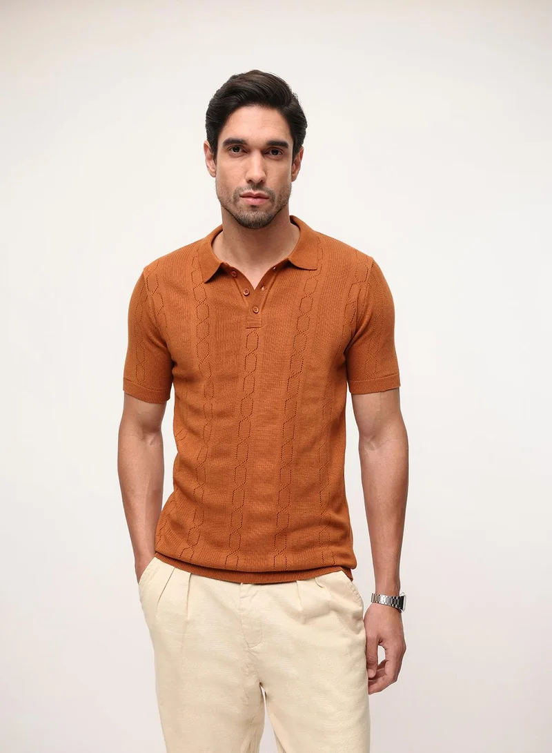 Dennis Lingo Rust 100% Cotton Textured Relaxed Polo T-Shirt For Men