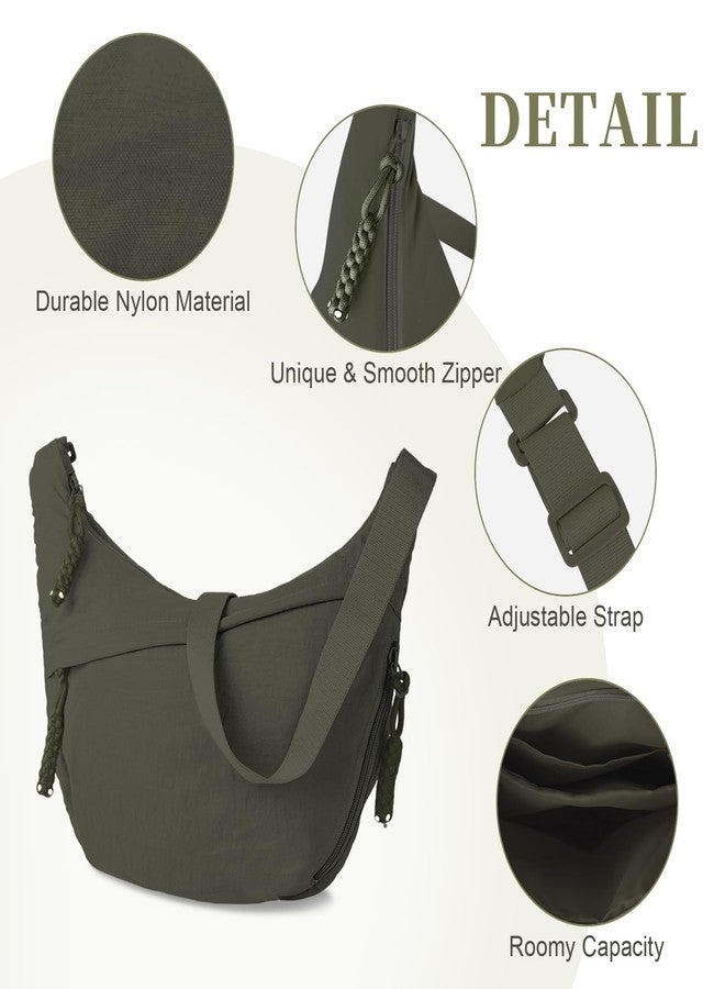 Iqimott Nylon Crescent Crossbody Bag Hobo Bag for Women Men, Small Dumpling Shoulder bag with Adjustable Strap, Casual Retro Slouchy Sling Bag Zipper Canvas Handbag Purse(ArmyGreen) - Image 3