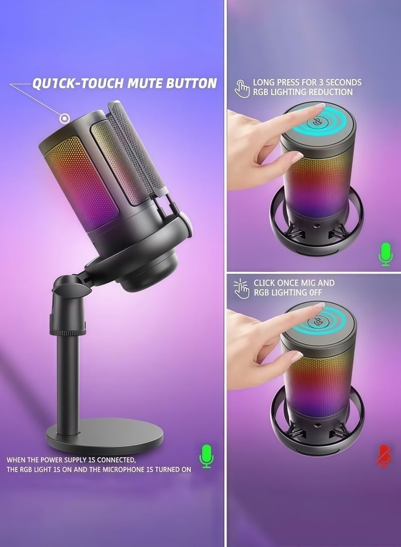 LOKIPA USB Condenser Gaming Microphone with Noise Reduction, RGB Lighting, Volume Control & Quick Mute – Pop Filter, Shock Mount, Type-C Port Included – for PC, Mac, PS4, PS5, Podcast, Streaming, Twitch, YouTube, Discord Black - Image 3