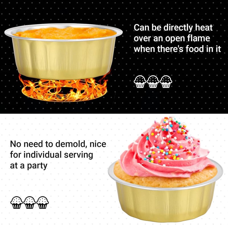 Beasea 8 oz 100 Pack Aluminum Ramekins, Disposable Ramekins Foil Cups Baking 3.9" Ramekin Cup Muffin Cupcake Aluminum Baking Cup Mini Pudding Souffle Cups for Party Wedding Birthday - Gold - Image 4