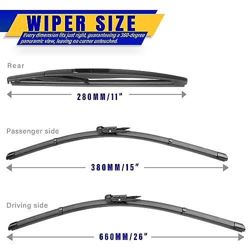 Rooppa 3 wipers Replacement for 2012-2017 Chevrolet Sonic/Aveo/2011-2017 Holden Barina, Windshield Wiper Blades Original Equipment Replacement - 26"/15"/11" (Set of 3) Pinch Tab - Image 2