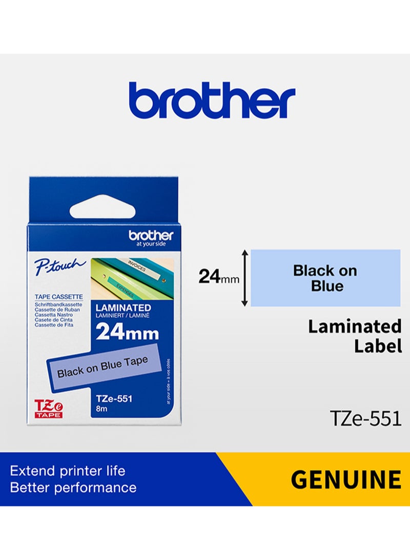 بروذر Labelling Tape Brother TZe-551 24mm Black on Blue Laminated Label Tape - Image 2
