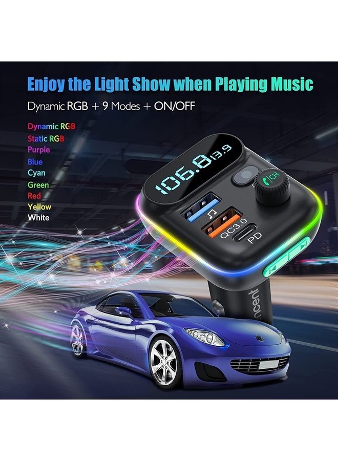 Lencent FM Transmitter in-Car Adapter, Wireless Bluetooth 5.0 Radio Car Kit,Type-C PD + QC3.0 Fast USB Charger, Hands Free Calling, Mp3 Player Receiver Hi Fi Bass Support U Disk