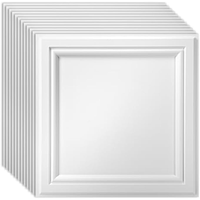 12 PACK PVC CEILING TILES 24X24 INCHES WATERPROOF DROP CEILING TILES/WALL PANELS FOR INTERIOR WALL DECOR, COVERS 48 SQ.,FT, MATTE WHITE - Image 1