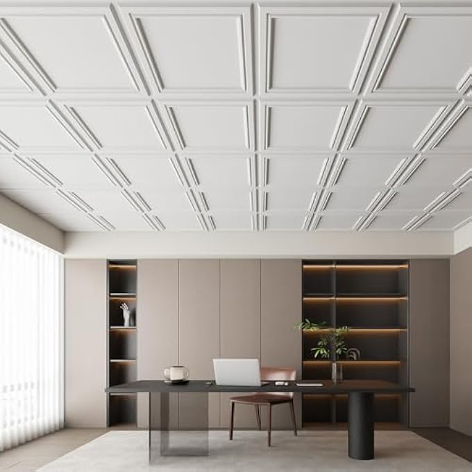 12 PACK PVC CEILING TILES 24X24 INCHES WATERPROOF DROP CEILING TILES/WALL PANELS FOR INTERIOR WALL DECOR, COVERS 48 SQ.,FT, MATTE WHITE - Image 3