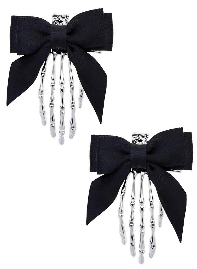 Penta Angel Skeleton Hand Hair Clips with Bowknot 2Pcs Cute Metal Hand Bones Claw Hairpins Punk Rock Horror Hair Accessories for Women Girls Halloween Christmas Party Costume (Black) - Image 1