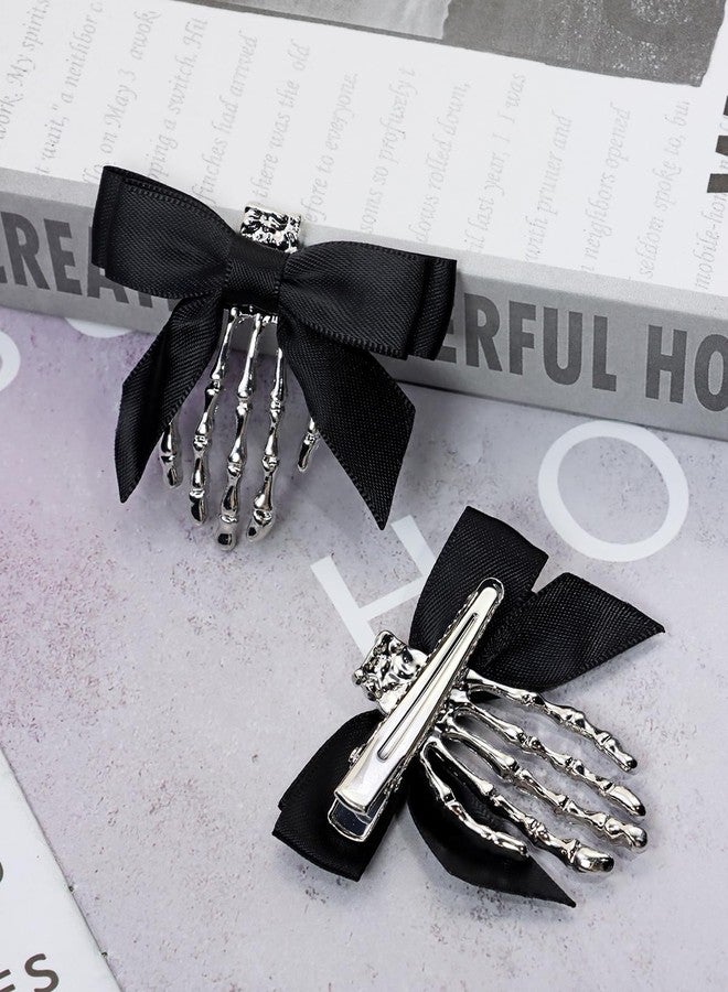 Penta Angel Skeleton Hand Hair Clips with Bowknot 2Pcs Cute Metal Hand Bones Claw Hairpins Punk Rock Horror Hair Accessories for Women Girls Halloween Christmas Party Costume (Black) - Image 3