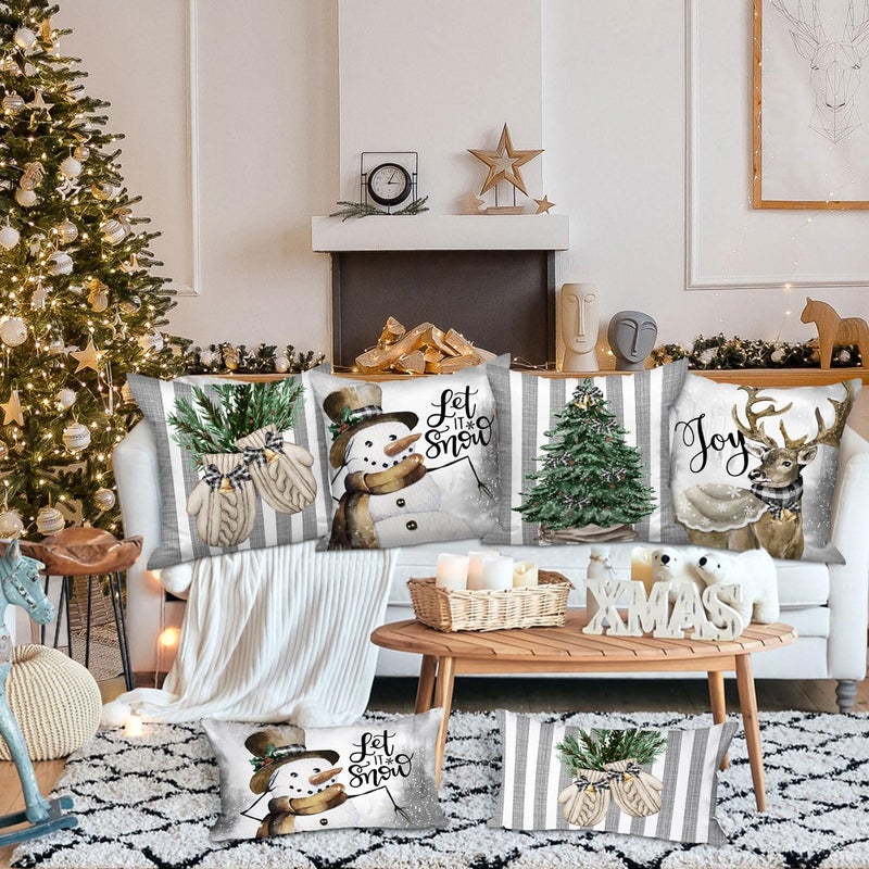 Lanpn Lanpn Winter 18x18 Christmas Throw Pillow Covers Set of 4  Xmas Snowman Gloves Elk Eucalyptus Winter Decorative Holiday Pillow Case Cushion Cover 18 x 18 for Indoor Home Bedroom Sofa Couch  - Image 3