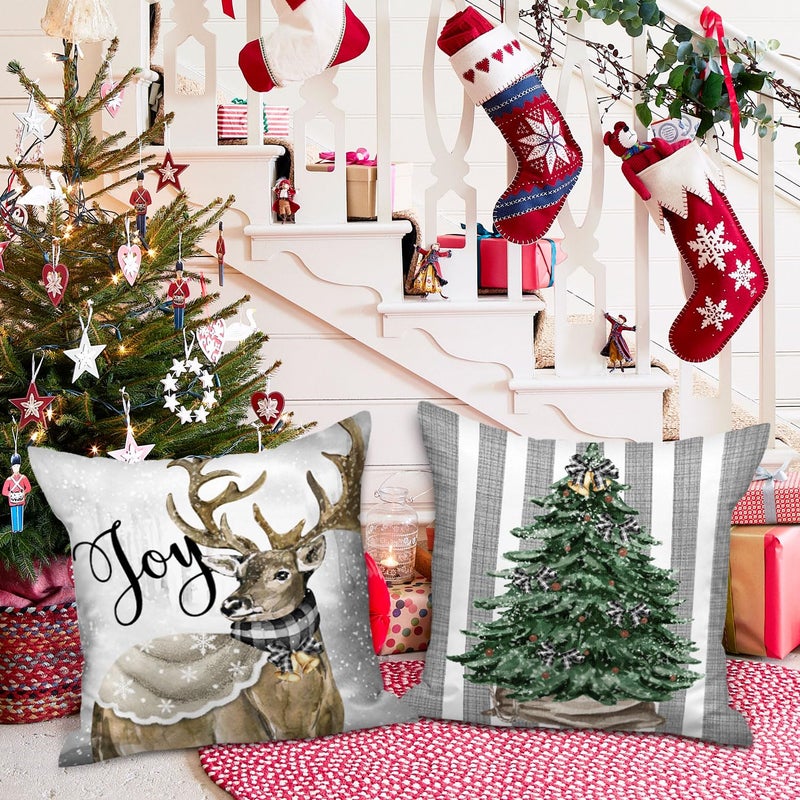 Lanpn Lanpn Winter 18x18 Christmas Throw Pillow Covers Set of 4  Xmas Snowman Gloves Elk Eucalyptus Winter Decorative Holiday Pillow Case Cushion Cover 18 x 18 for Indoor Home Bedroom Sofa Couch  - Image 4