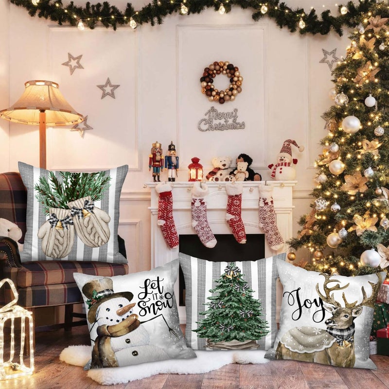 Lanpn Lanpn Winter 18x18 Christmas Throw Pillow Covers Set of 4  Xmas Snowman Gloves Elk Eucalyptus Winter Decorative Holiday Pillow Case Cushion Cover 18 x 18 for Indoor Home Bedroom Sofa Couch  - Image 5